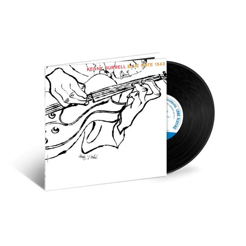 record sleeve with black and white illustration of a person playing the guitar and half of a vinyl record sticking out of the sleeve