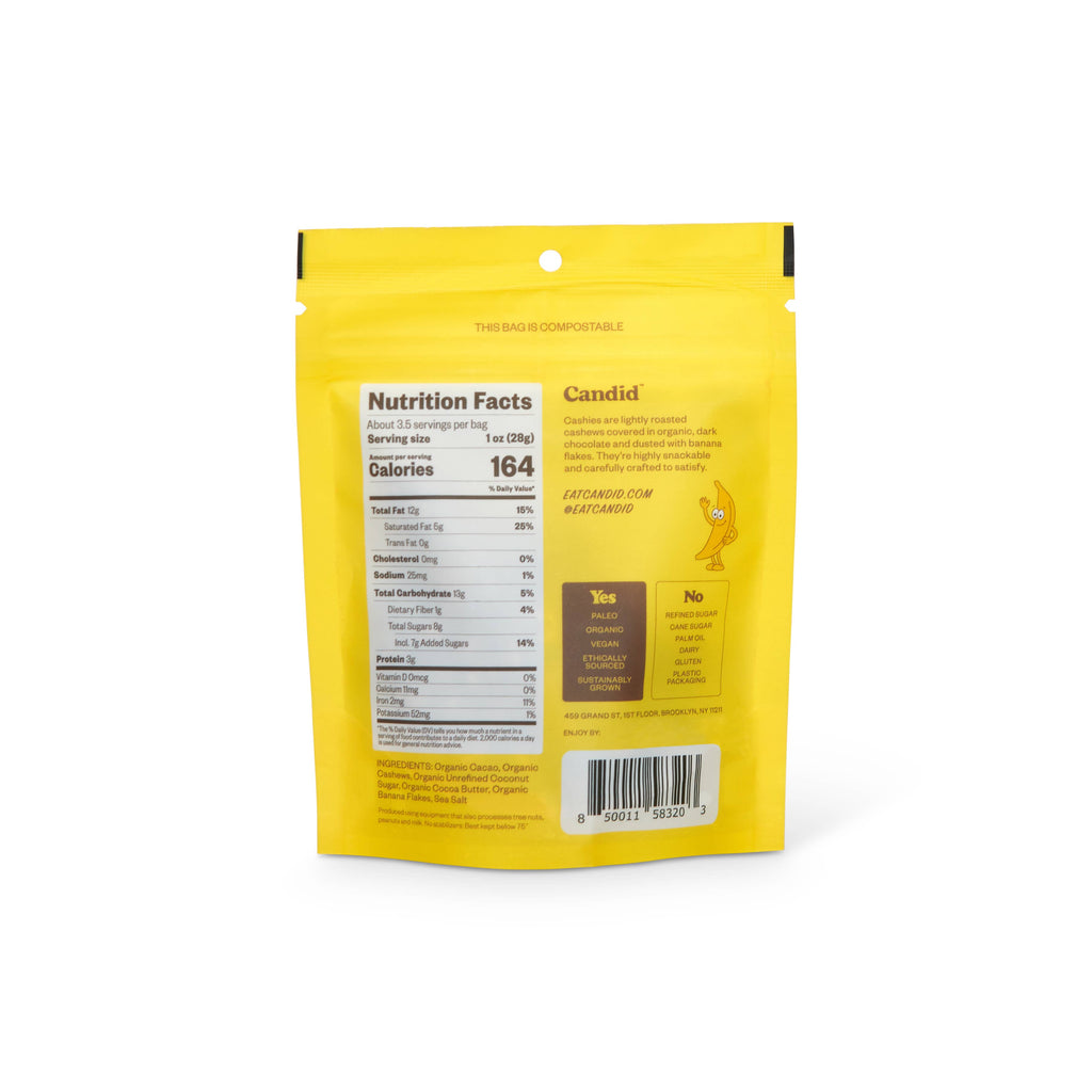 CASHIES — Chocolate covered cashews with banana flakes