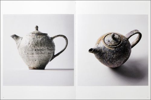 A split-view presentation of the same ceramic teapot shown from two angles on a light gray background, with one view in matte off-white glaze and the other in mottled dark gray-brown glaze, set within a white bordered layout.