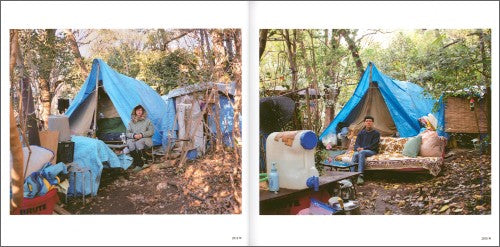 two photographs of people sitting in front of tents