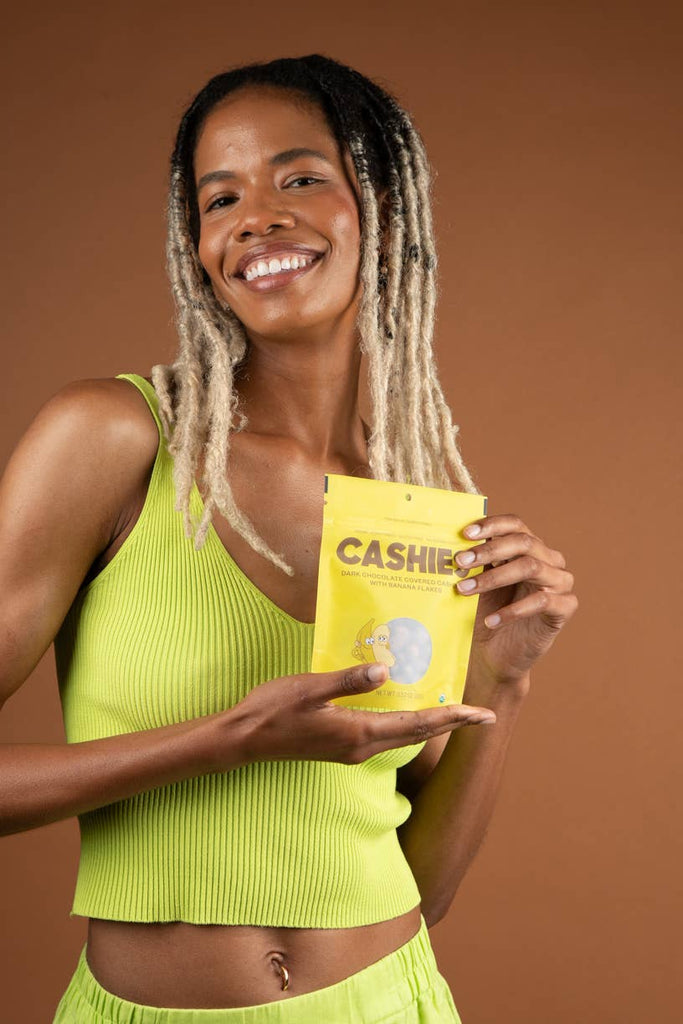 CASHIES — Chocolate covered cashews with banana flakes