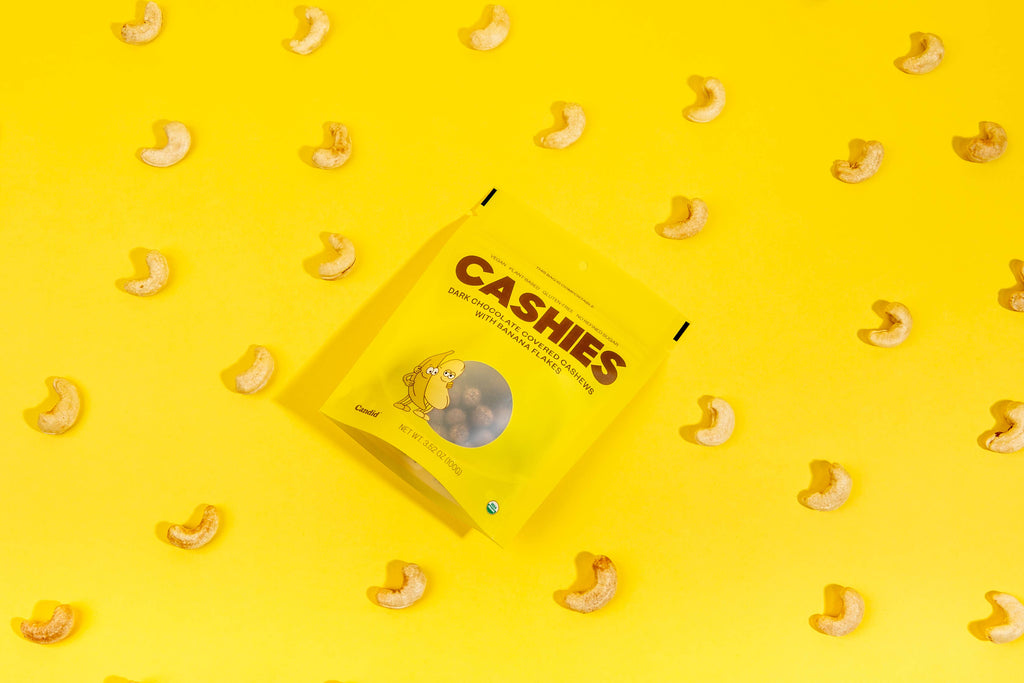 CASHIES — Chocolate covered cashews with banana flakes