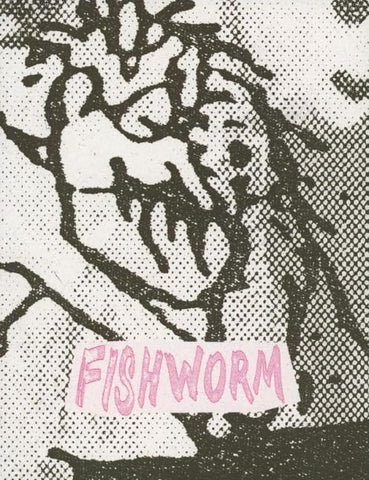 Black and white artwork with the text fishworm printed in pink