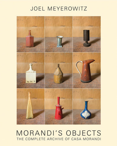 Cover of 'Morandi's Objects' by Joel Meyerowitz featuring images of vases on a beige background.