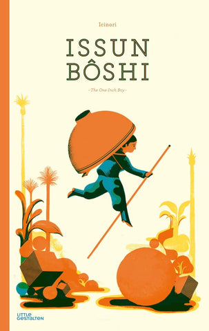 Book cover of 'Issun Boshi' with a stylized illustration of a person in traditional attire running with an umbrella.