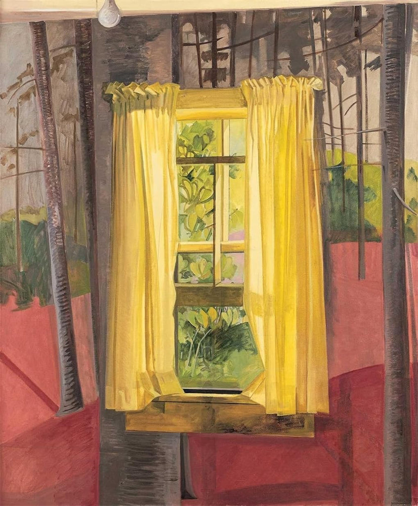 Painting of window with yellow curtains in a forest setting