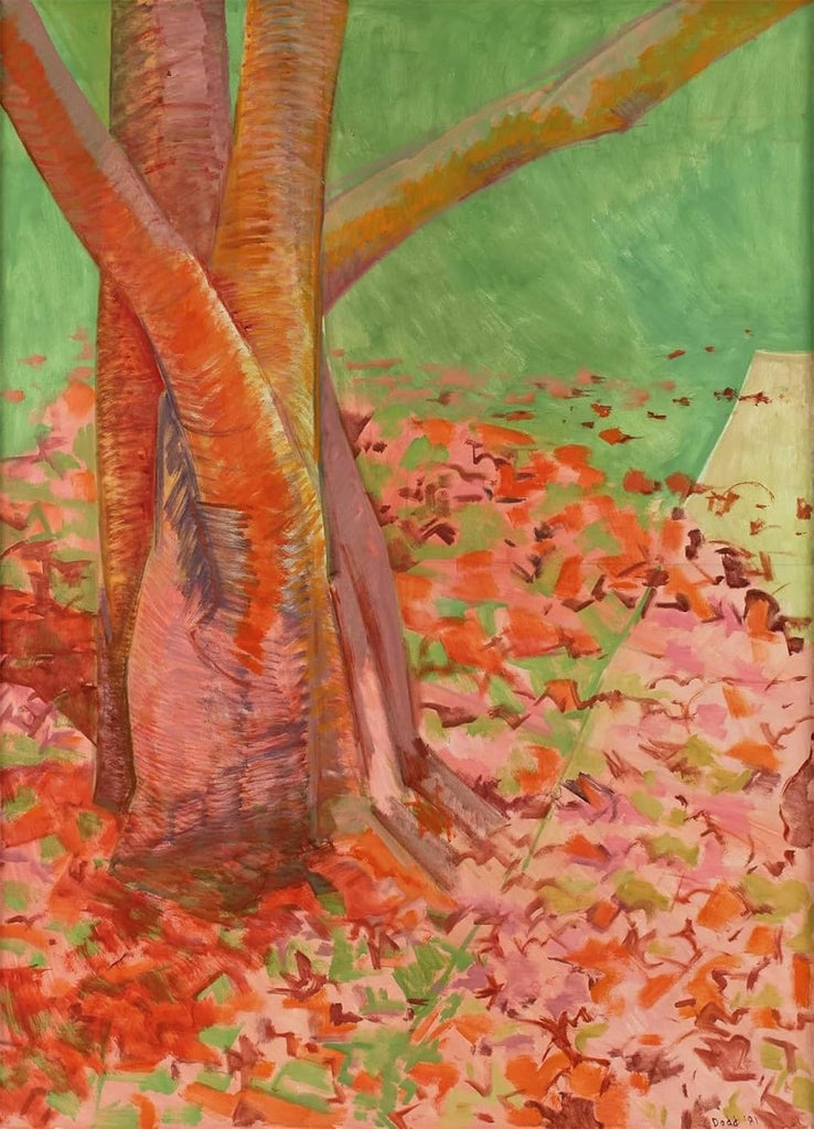 Artistic depiction of a tree with colorful leaves on a green background