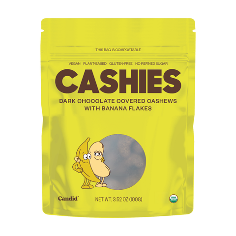 CASHIES — Chocolate covered cashews with banana flakes