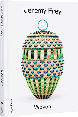 Book cover of 'Woven' by Jeremy Frey with a woven vase illustration on a white background