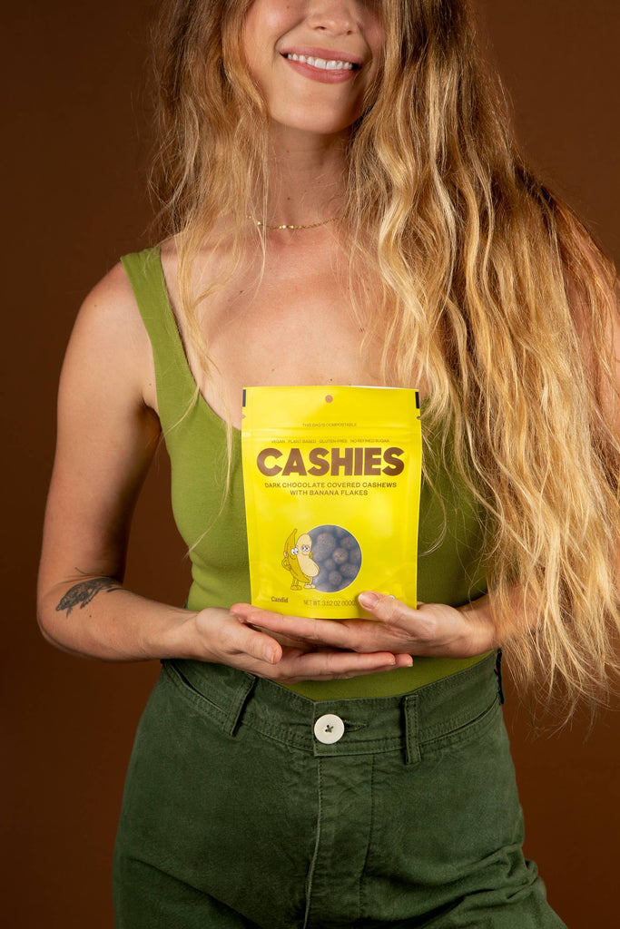 CASHIES — Chocolate covered cashews with banana flakes