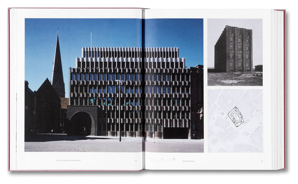 Open book showing architectural images of a building with a blue sky.