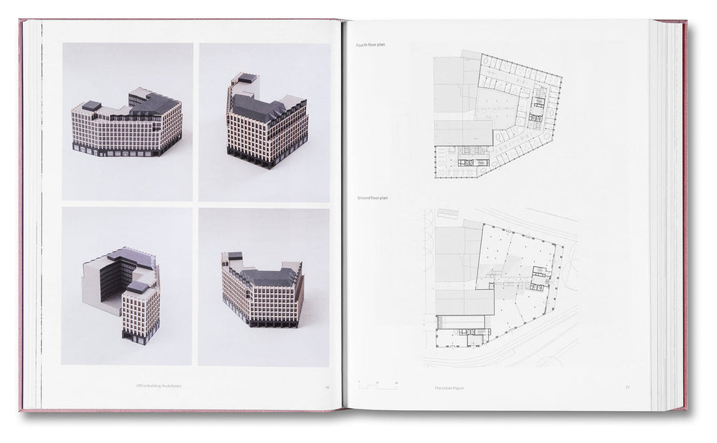 Open book showing architectural designs and floor plans on white pages.