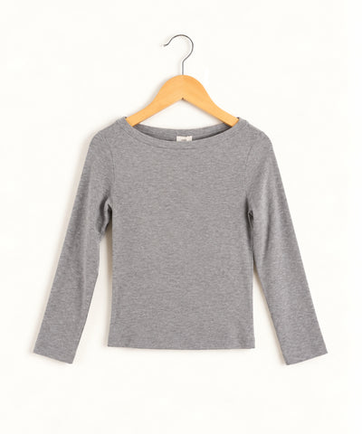 A light gray heather long-sleeve top with a wide boat neckline, hanging on wooden hanger displayed flat against a white background.