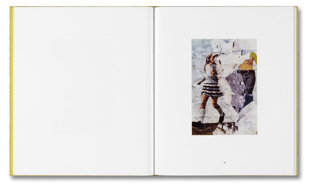 Open book with a collage of images on one page and white space on the other.