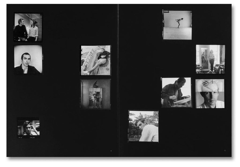 Black and white photo album with multiple small images of people and activities.