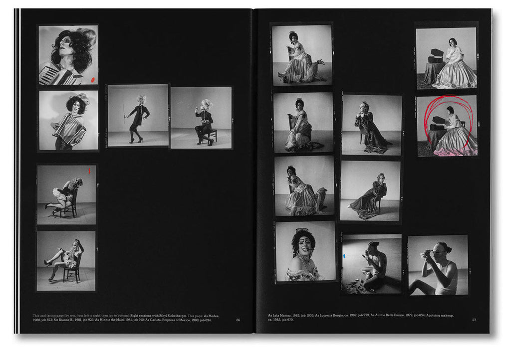 Black and white photo album spread with various poses and positions.
