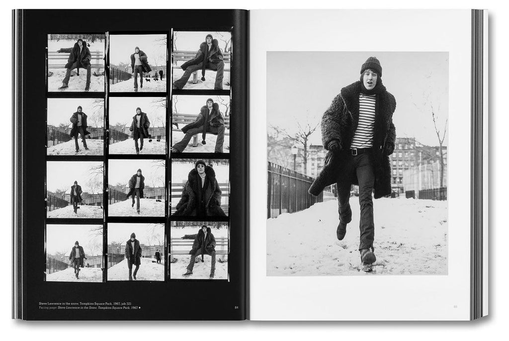 Book open to a page with black and white photos of a person walking outdoors.