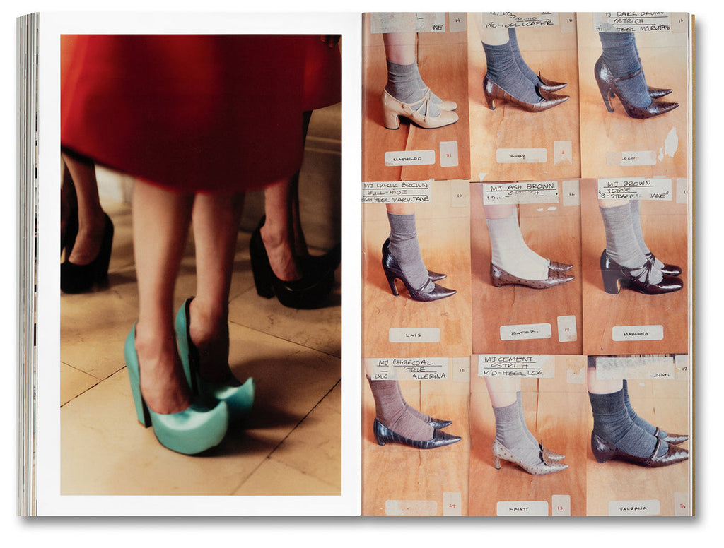 Open book showing a spread of images with pairs of high heels on legs.