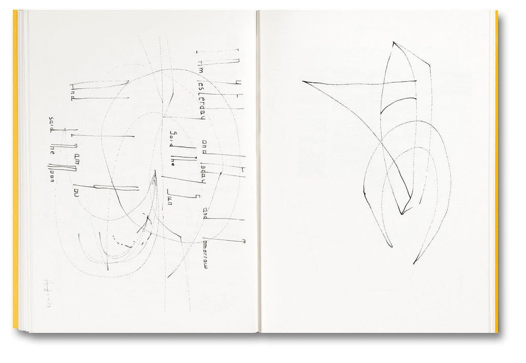 Open book with black line art on white pages, yellow binding.