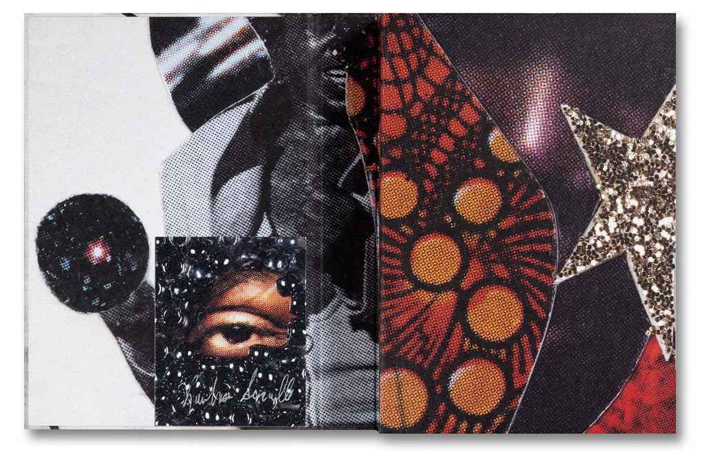 Collage-style product packaging with abstract patterns and textures