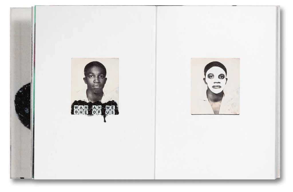 Open book showing two black and white portraits with text on a white background