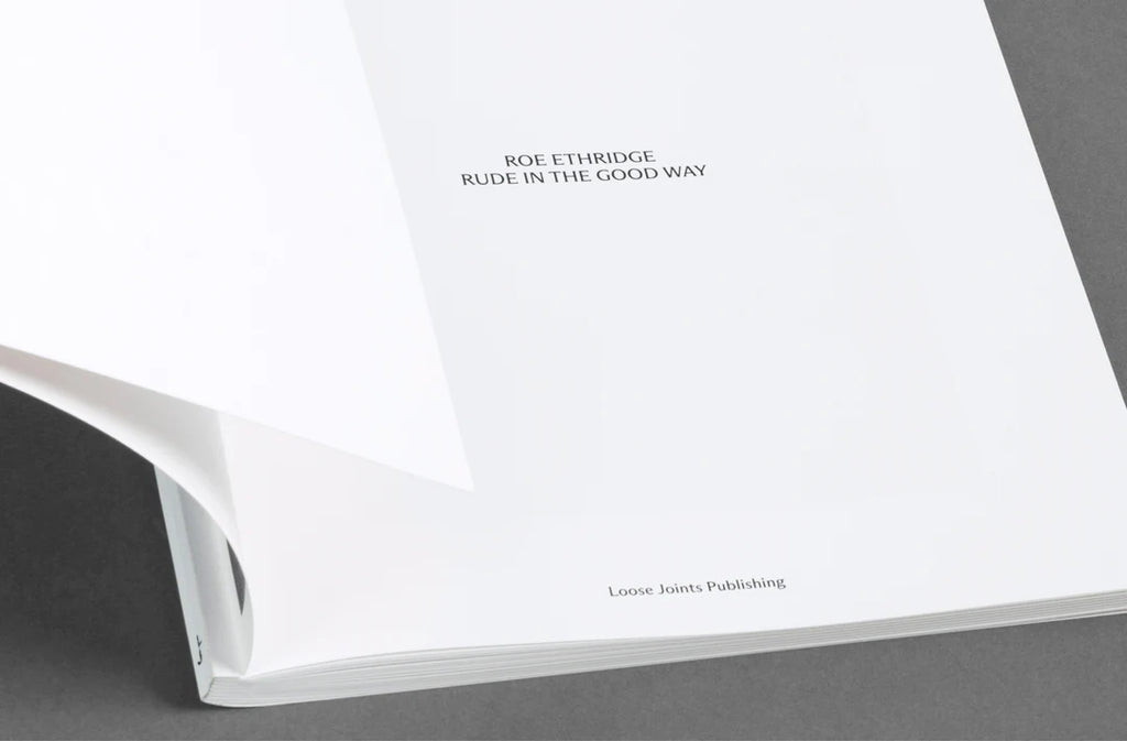 Book titled 'Rude in the Good Way' by Roe Ethridge on a gray background