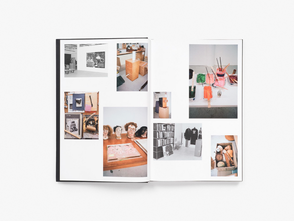 An open art book featuring a collage of studio photographs and artwork documentation by Joe Bradley across a two-page spread, displayed flat against a white background.