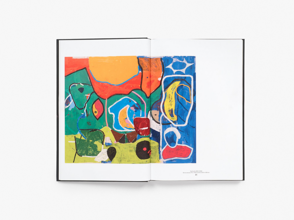 An open art book showcasing a vibrant abstract painting by Joe Bradley across a two-page spread, featuring bold blocks of green, orange, blue, and yellow with graphic shapes and lines, displayed flat against a white background.
