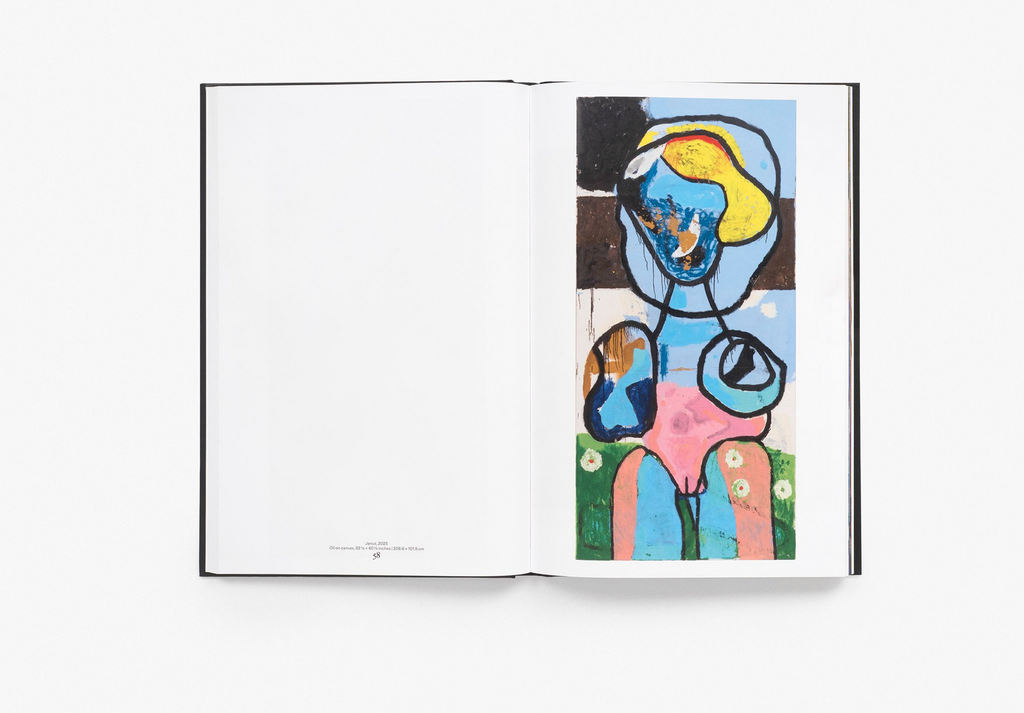 An open art book showcasing a vibrant abstract painting by Joe Bradley across a two-page spread, featuring bold blocks of green, yellow, brown, and black with graphic shapes and lines, displayed flat against a white background.
