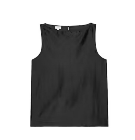 Black silk boatneck sleeveless top against white background