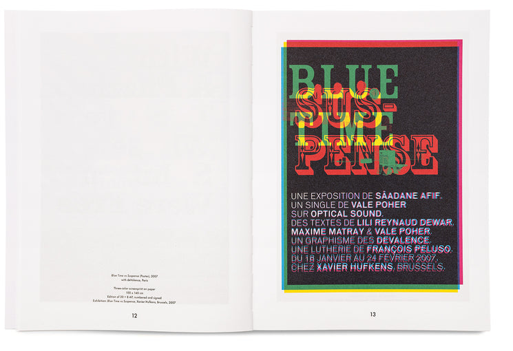 An open art book spread showing text on page 12 and a black exhibition poster with overlapping colorful typography on page 13.