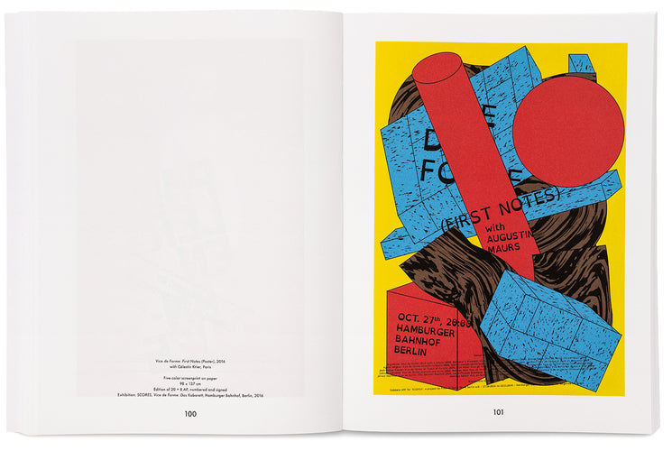 An open art book spread showing description text on page 100 and a vibrant yellow exhibition poster with geometric shapes on page 101.
