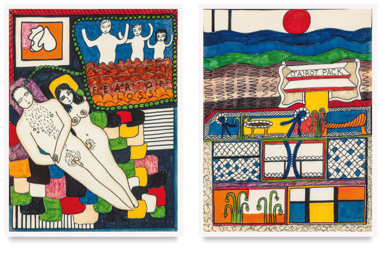 Two illustrated cards from Dorothy Iannone’s (Ta)rot Pack, showing an intimate couple on the left and a colorful geometric landscape on the right.