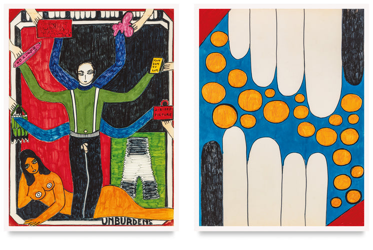 Two illustrated tarot cards by Dorothy Iannone, showing a multi-armed figure labeled "Unburdens" on the left and an abstract blue and orange pattern on the right.