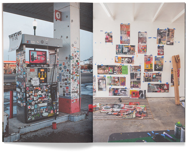 An open photography book spread showing a sticker-covered gas pump on the left and a studio wall with collaged posters on the right.