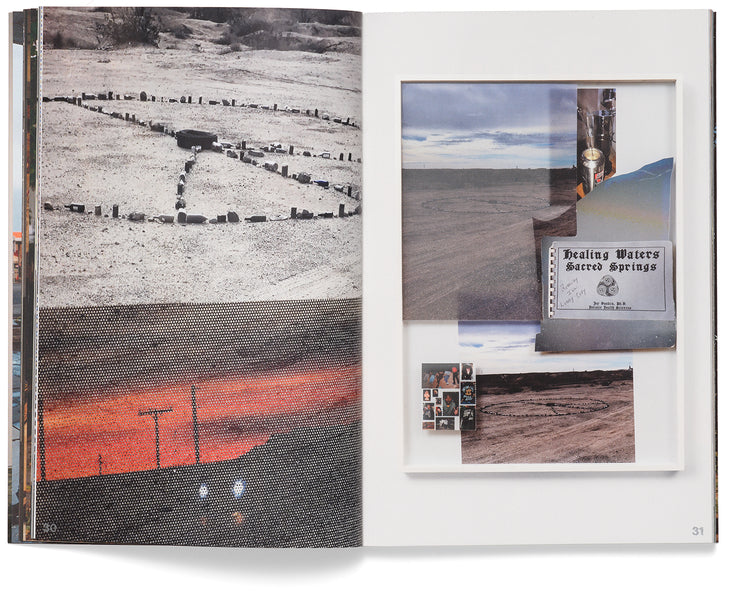 An open photography book spread showing a desert stone circle and a sunset on the left, and a white shadowbox collage on the right.