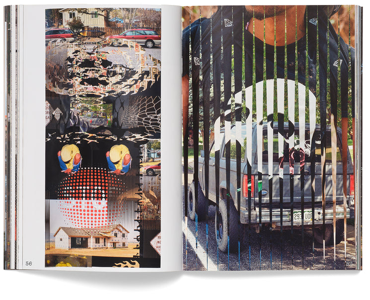 An open photography book spread showing a vertical collage of house and street scenes on the left, and a sliced-strip photo of a truck on the right.