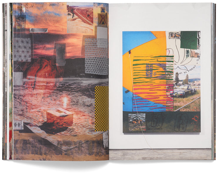 An open photography book spread showing a complex desert sunset collage on the left, and a vibrant yellow and blue mixed-media artwork on the right.
