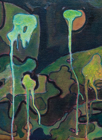 Cover detail of the book 'Barbara Cammarata: Ding Dong Bell'. Displays a close-up of textured oil painting featuring green organic shapes and dripping, fluid lines against a dark abstract background