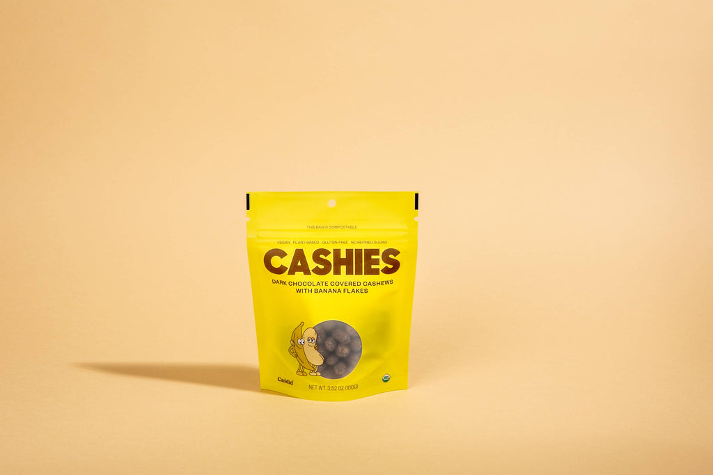 CASHIES — Chocolate covered cashews with banana flakes