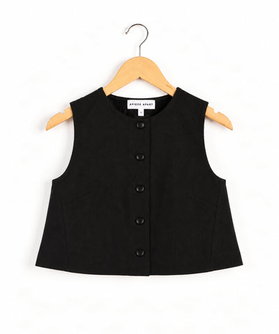 A black sleeveless button-front vest with a round neckline, on a hanger flat against a lwhite background. 