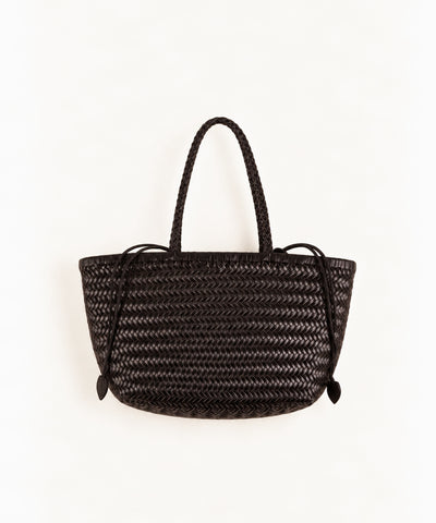 black woven leather tote bag with drawstrings on a white background