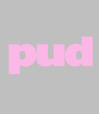 grey background with the word "pud" written in pink