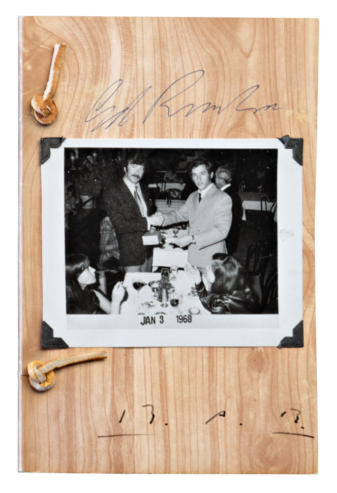Image of 1968 Ed Ruscha and Billy Al Bengston 'Business Cards' signed book cover with a wood-grain pattern and a black-and-white photo