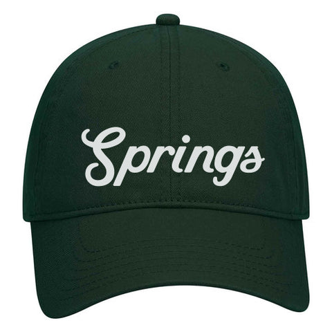Dark green baseball cap featuring the word Springs in white script font across the front.
