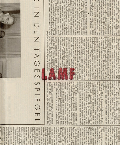 Cover of LAMF book by John Gossage. Image shows a newspaper clipping and a red stamp of the letters LAMF in the center.