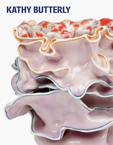 Decorative ceramic piece with ruffled edges and colorful design, featuring the artist's name 'Kathy Butterly'.