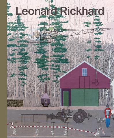 Book cover for Leonard Rickhard featuring a detailed painting of a red barn, dense pine forest, and mechanical elements like an aerial drone and ground equipment