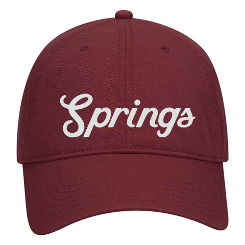 Maroon baseball cap featuring the word Springs in white script font across the front.