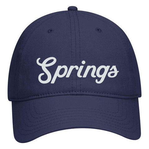 Navy blue baseball cap featuring the word Springs in white script font across the front.